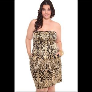 Torrid Black and Gold Strapless Dress